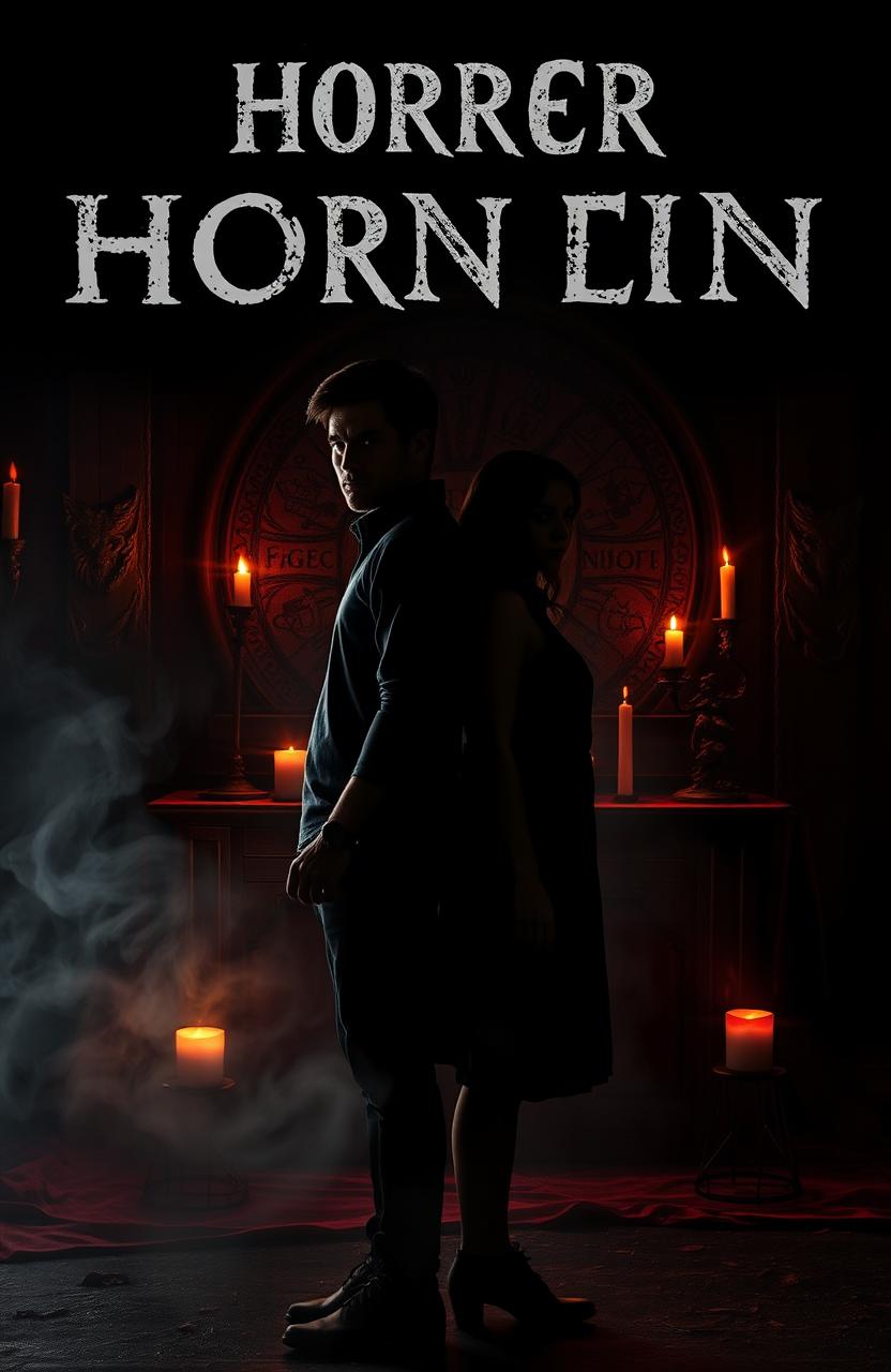 A dark, moody cover photo for a horror fiction book depicting a couple standing back-to-back, looking tense and determined, surrounded by ominous shadows and flickering candlelight