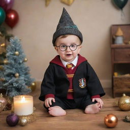 Create a playful image of a baby dressed as Harry Potter at a festive party, surrounded by wizard-themed decorations and guests in fun outfits.