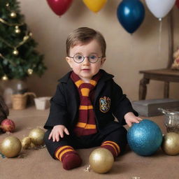 Create a playful image of a baby dressed as Harry Potter at a festive party, surrounded by wizard-themed decorations and guests in fun outfits.