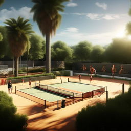 Enhance the existing image by adding an outstanding outdoor area with a basketball court, tennis court, swimming pool, and LeBron James engaged in a victorious tennis match.