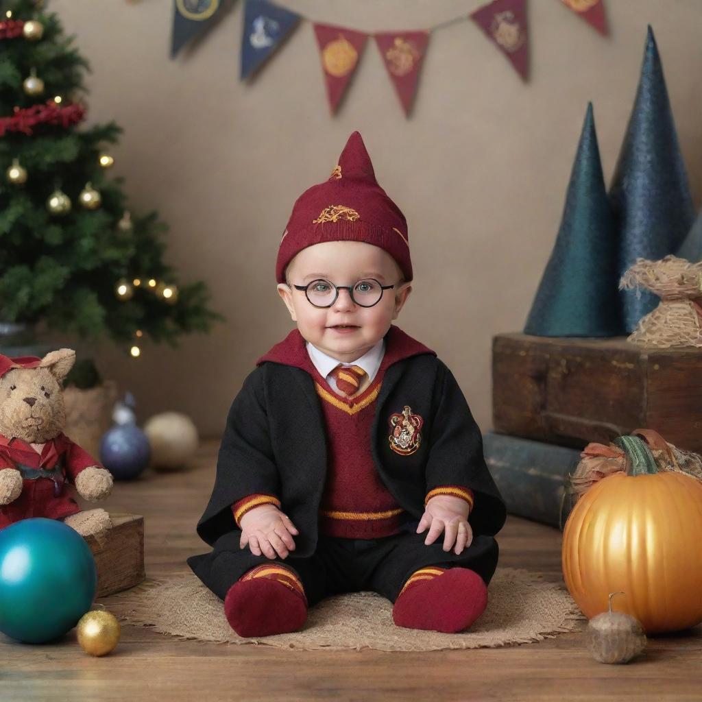 Create a playful image of a baby dressed as Harry Potter at a festive party, surrounded by wizard-themed decorations and guests in fun outfits.