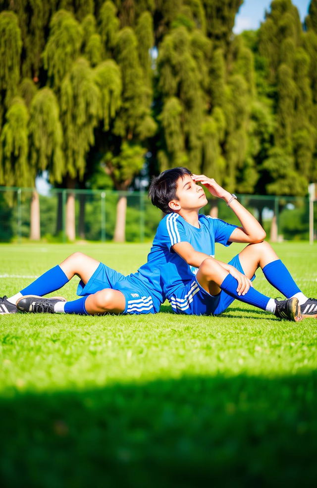 Two boys sitting on a vibrant green football pitch, wearing bright blue sports uniforms