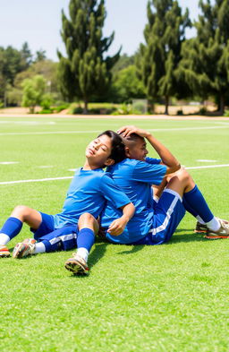 Two boys sitting on a vibrant green football pitch, wearing bright blue sports uniforms