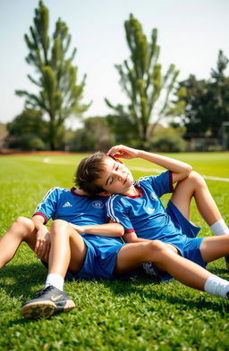 Two boys sitting on a vibrant green football pitch, wearing bright blue sports uniforms