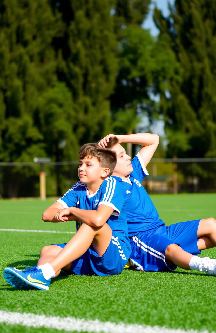 Two boys sitting on a vibrant green football pitch, wearing bright blue sports uniforms