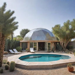 Mediterranean architectural design incorporating a wooden geodesic dome with asphalt shingles, a repurposed shipping container with plenty of windows, and a crisp rectangular swimming pool. Use white quartz gravel in open spaces interspersed with cactus vegetation.