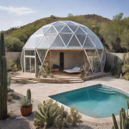 Mediterranean architectural design incorporating a wooden geodesic dome with asphalt shingles, a repurposed shipping container with plenty of windows, and a crisp rectangular swimming pool. Use white quartz gravel in open spaces interspersed with cactus vegetation.