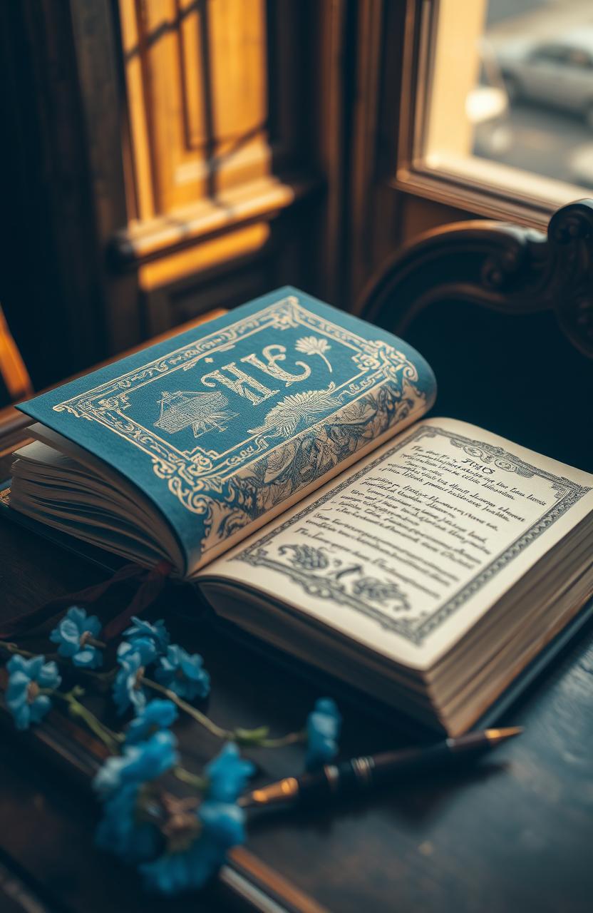 A beautifully illustrated blue book with ornate gold leaf detailing on the cover, displayed on an elegant wooden table