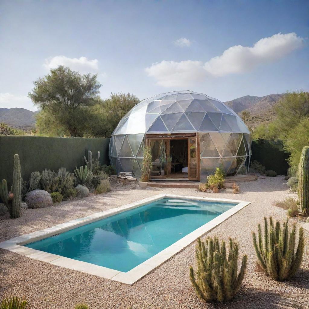 Mediterranean architectural design incorporating a wooden geodesic dome with asphalt shingles, a repurposed shipping container with plenty of windows, and a crisp rectangular swimming pool. Use white quartz gravel in open spaces interspersed with cactus vegetation.