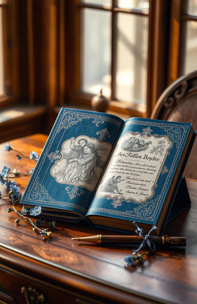 A beautifully illustrated blue book with ornate gold leaf detailing on the cover, displayed on an elegant wooden table