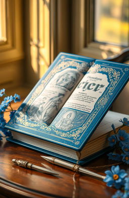A beautifully illustrated blue book with ornate gold leaf detailing on the cover, displayed on an elegant wooden table