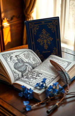 A beautifully illustrated blue book with ornate gold leaf detailing on the cover, displayed on an elegant wooden table
