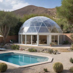 Mediterranean architectural design incorporating a wooden geodesic dome with asphalt shingles, a repurposed shipping container with plenty of windows, and a crisp rectangular swimming pool. Use white quartz gravel in open spaces interspersed with cactus vegetation.