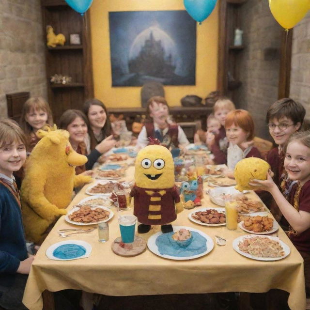 A joyful image of a Harry Potter-themed baby party where SpongeBob SquarePants is one of the guests, straight out of a child's dream.