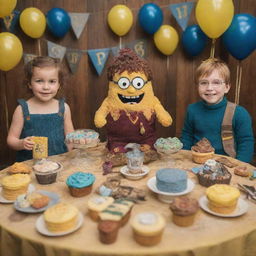 A joyful image of a Harry Potter-themed baby party where SpongeBob SquarePants is one of the guests, straight out of a child's dream.