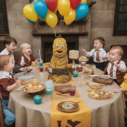 A joyful image of a Harry Potter-themed baby party where SpongeBob SquarePants is one of the guests, straight out of a child's dream.