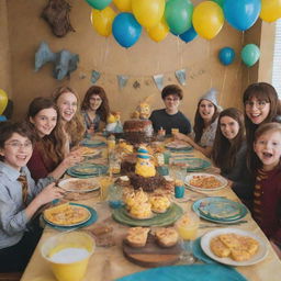 A joyful image of a Harry Potter-themed baby party where SpongeBob SquarePants is one of the guests, straight out of a child's dream.