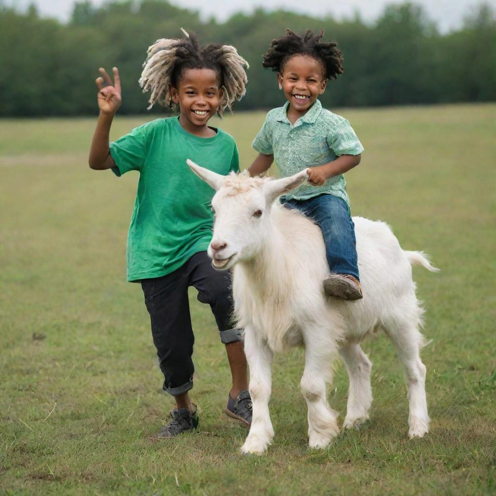 A black boy with striking white dreadlocks joyfully riding a playful goat in a green meadow.