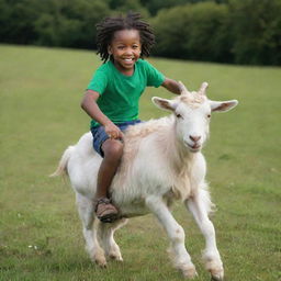 A black boy with striking white dreadlocks joyfully riding a playful goat in a green meadow.