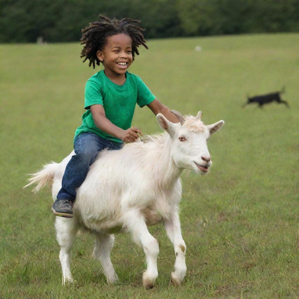 A black boy with striking white dreadlocks joyfully riding a playful goat in a green meadow.