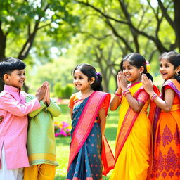 A warm and cheerful scene depicting a group of Indian children greeting each other with 'Namaste', dressed in colorful traditional clothing