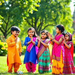 A warm and cheerful scene depicting a group of Indian children greeting each other with 'Namaste', dressed in colorful traditional clothing