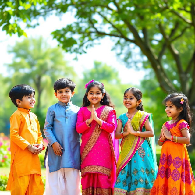 A warm and cheerful scene depicting a group of Indian children greeting each other with 'Namaste', dressed in colorful traditional clothing