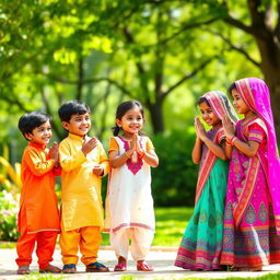 A warm and cheerful scene depicting a group of Indian children greeting each other with 'Namaste', dressed in colorful traditional clothing