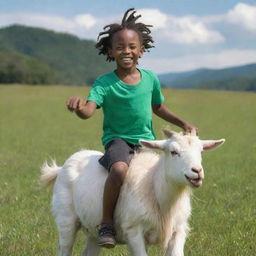 A black boy with striking white dreadlocks joyfully riding a playful goat in a green meadow.