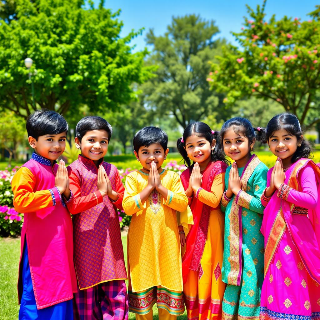 A vibrant and joyful scene featuring a group of Indian children practicing Namaste, a traditional Indian greeting, in a sunny park setting