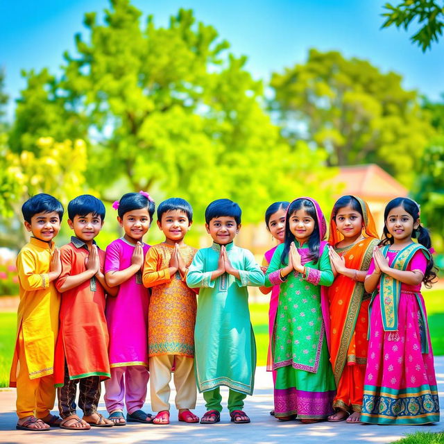 A vibrant and joyful scene featuring a group of Indian children practicing Namaste, a traditional Indian greeting, in a sunny park setting