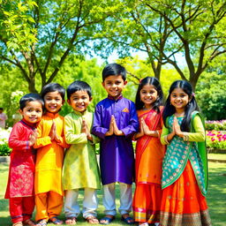 A vibrant and joyful scene featuring a group of Indian children practicing Namaste, a traditional Indian greeting, in a sunny park setting