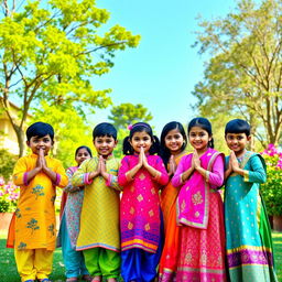 A vibrant and joyful scene featuring a group of Indian children practicing Namaste, a traditional Indian greeting, in a sunny park setting