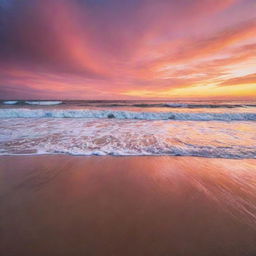 A captivating sunset over an untouched beach, where the sky is ablaze with vibrant hues of orange, pink, and red, and the tranquillity is only broken by the gentle lapping of waves.