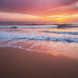 A captivating sunset over an untouched beach, where the sky is ablaze with vibrant hues of orange, pink, and red, and the tranquillity is only broken by the gentle lapping of waves.