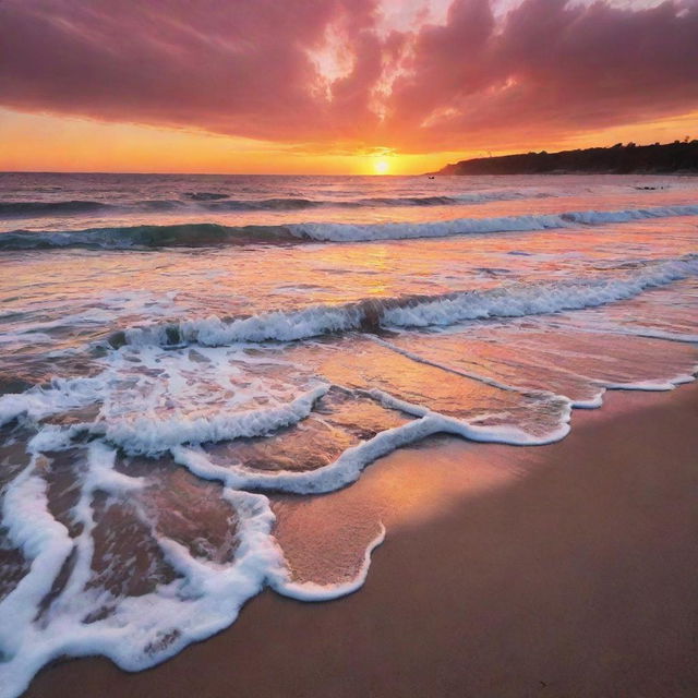 A captivating sunset over an untouched beach, where the sky is ablaze with vibrant hues of orange, pink, and red, and the tranquillity is only broken by the gentle lapping of waves.