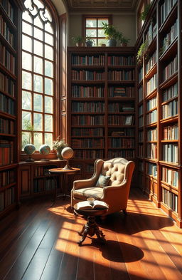 A beautifully crafted image of an elegant library with tall, wooden bookshelves filled with colorful books
