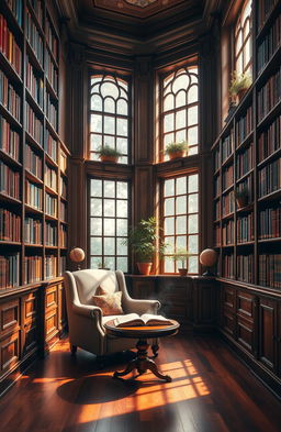 A beautifully crafted image of an elegant library with tall, wooden bookshelves filled with colorful books