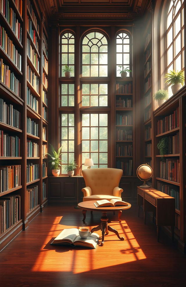 A beautifully crafted image of an elegant library with tall, wooden bookshelves filled with colorful books