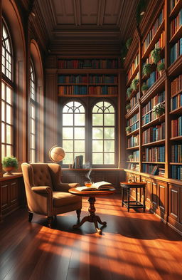 A beautifully crafted image of an elegant library with tall, wooden bookshelves filled with colorful books