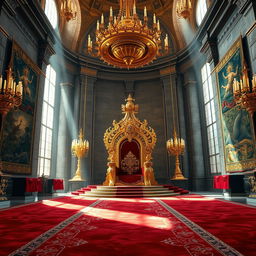 A magnificent royal throne room featuring an ornate throne made of gold and encrusted with jewels, showcasing intricate designs and luxurious fabrics