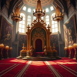 A magnificent royal throne room featuring an ornate throne made of gold and encrusted with jewels, showcasing intricate designs and luxurious fabrics