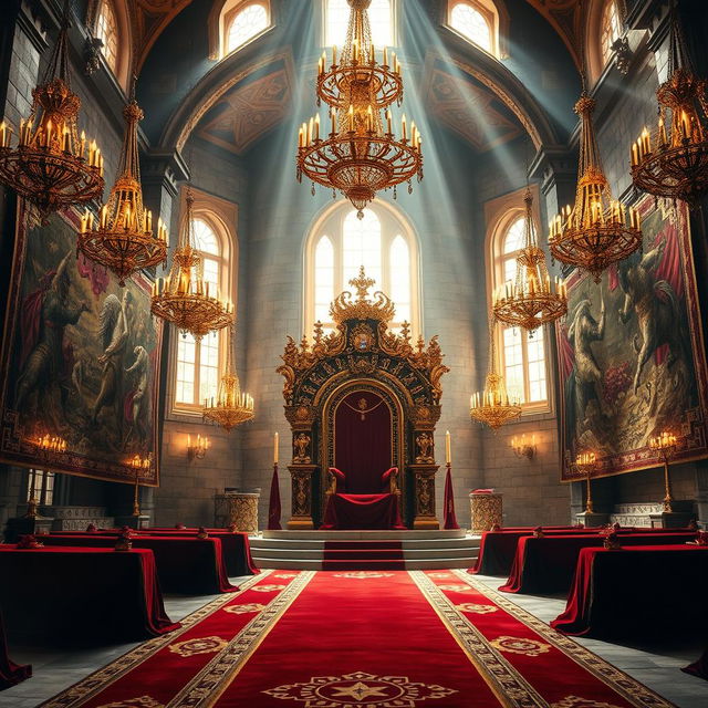 A magnificent royal throne room featuring an ornate throne made of gold and encrusted with jewels, showcasing intricate designs and luxurious fabrics