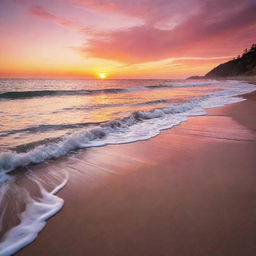 A captivating sunset over an untouched beach, where the sky is ablaze with vibrant hues of orange, pink, and red, and the tranquillity is only broken by the gentle lapping of waves.