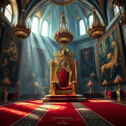 A magnificent royal throne room featuring an ornate throne made of gold and encrusted with jewels, showcasing intricate designs and luxurious fabrics