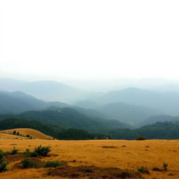 A vast, panoramic view of a rolling landscape featuring distant hills shrouded in dense, dark green forests