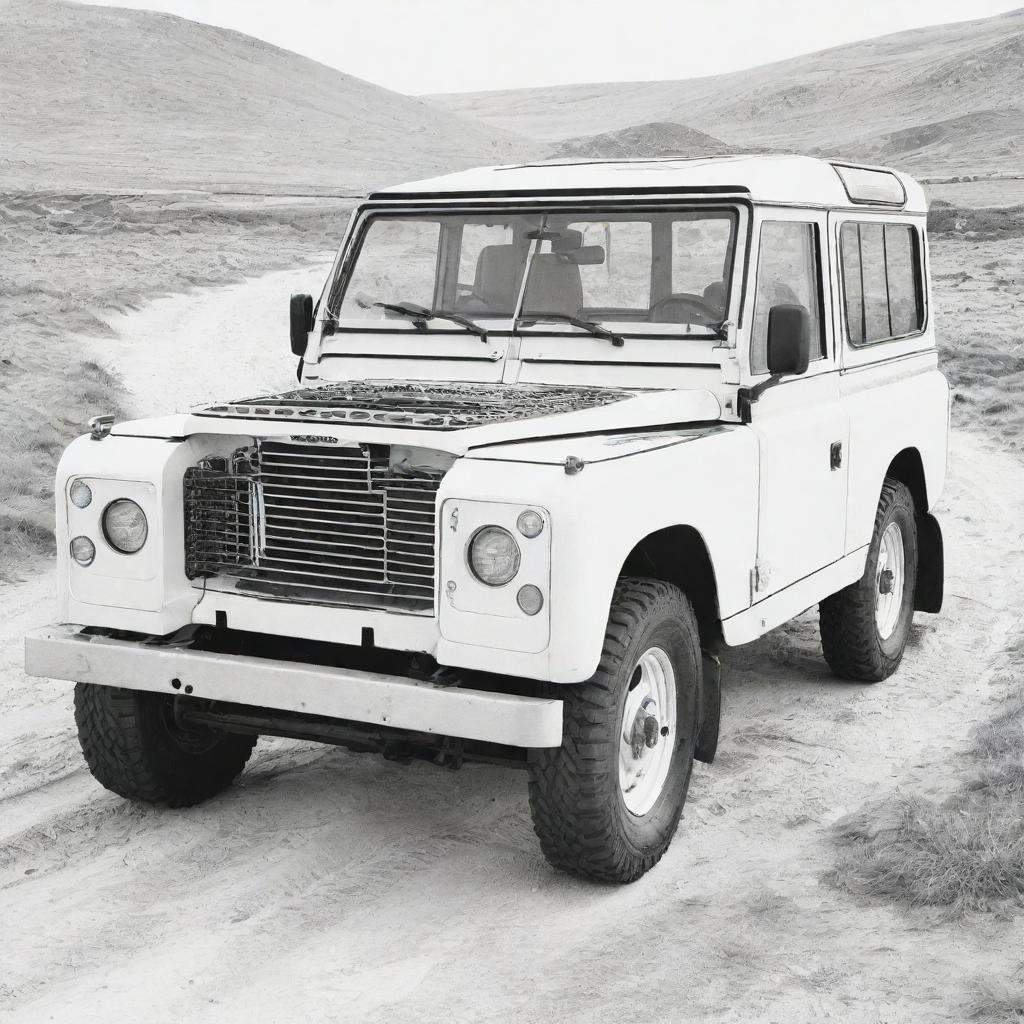 An intricate, two-dimensional black and white outline of a Land Rover for a colouring page.