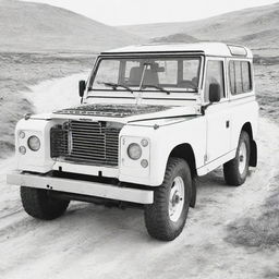 An intricate, two-dimensional black and white outline of a Land Rover for a colouring page.