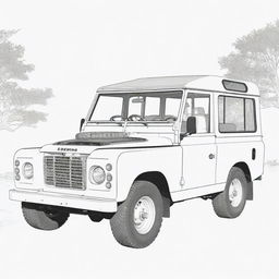 An intricate, two-dimensional black and white outline of a Land Rover for a colouring page.