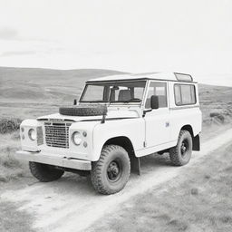 An intricate, two-dimensional black and white outline of a Land Rover for a colouring page.